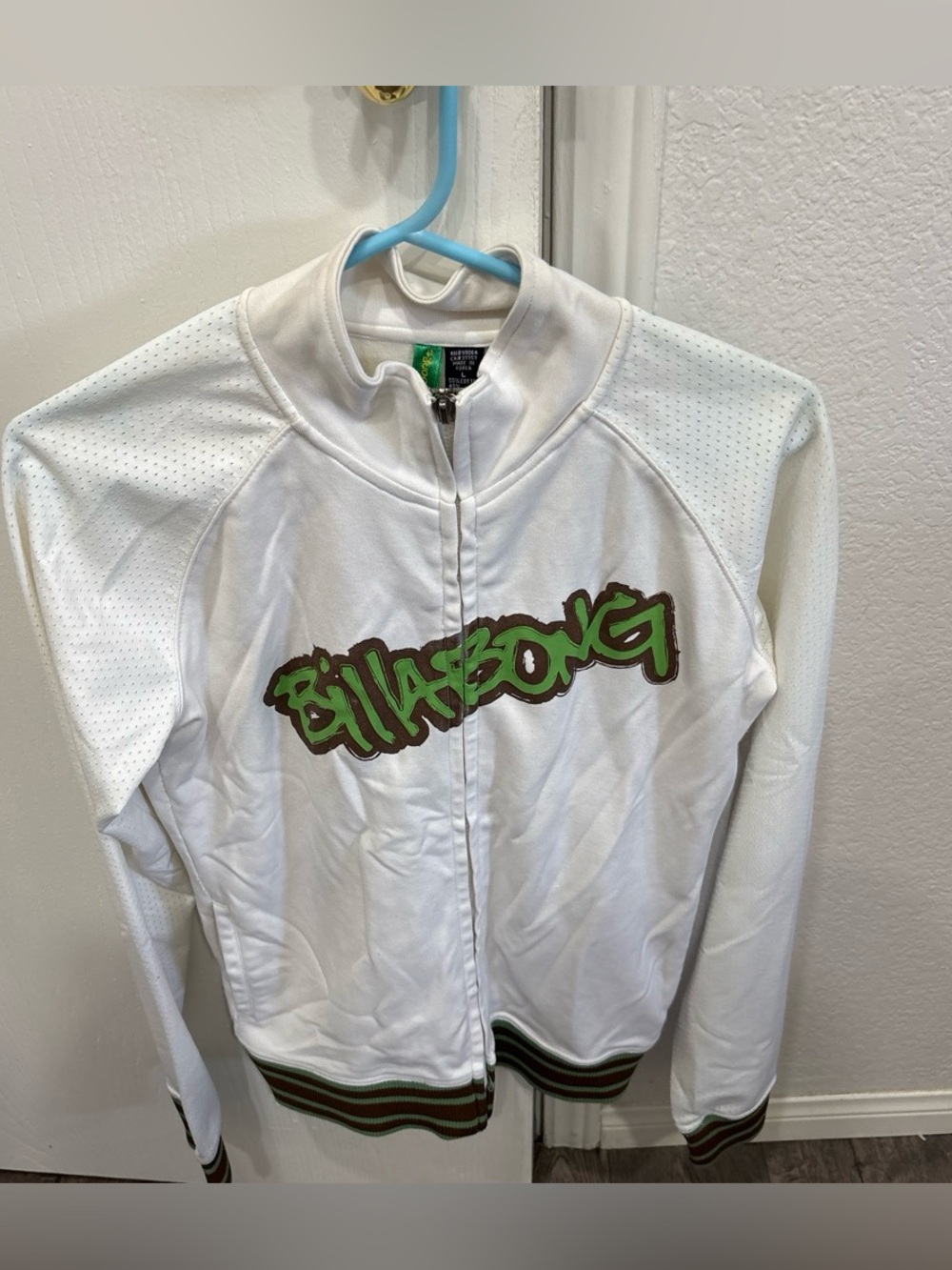 Billabong White Zip-Front Varsity Jacket with Green Logo